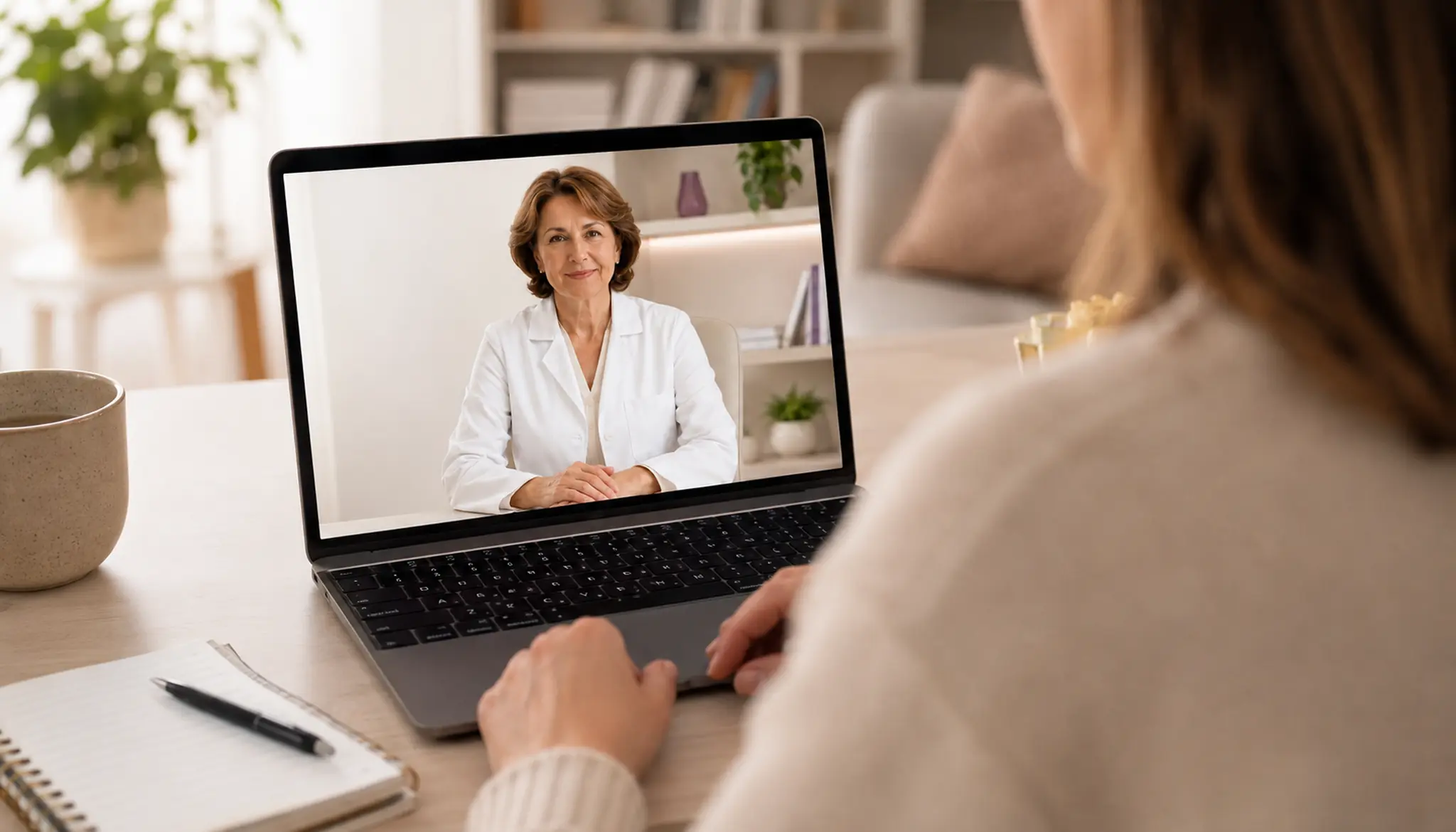 Pacientă participând de acasă la o consultație medicală online